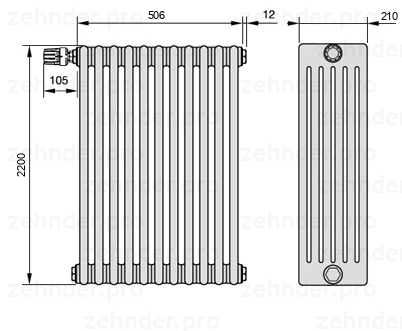 Схема (чертеж) Радиатор Zehnder Charleston 6220/11 №V012 Белый глянцевый RAL 9016